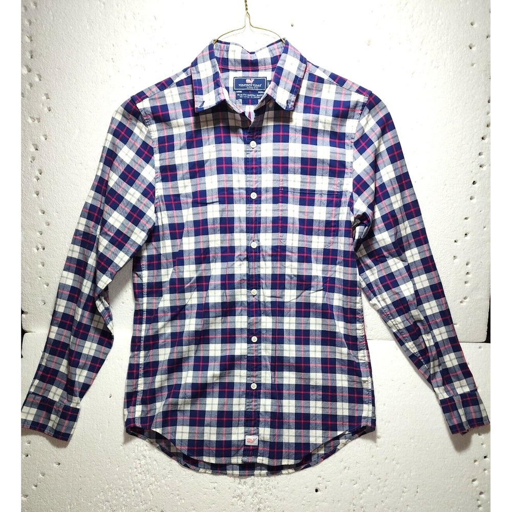Vineyard Vines Shirt Mens Small Blue Pink Plaid Slim Fit Button Down Long Sleeve